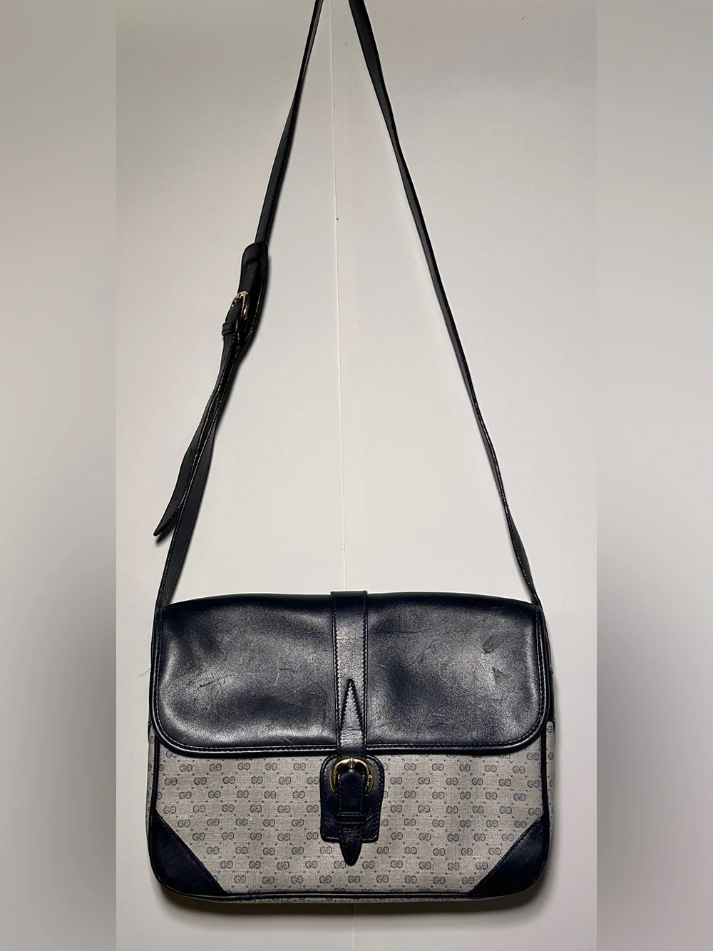 Vintage Gucci Navy Blue Leather  GG Canvas Shoulder Bag